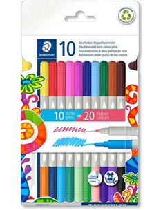 Lot de 10 marqueurs double pointe Staedtler Noris 3280 - Traits de 1 mm et 3 mm environ - Couleurs assorties