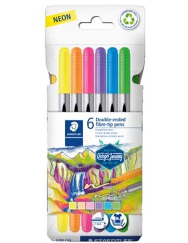 Lot de 6 marqueurs Staedtler 3200 à double pointe - Résistants à la pression - Couleurs fluo assorties