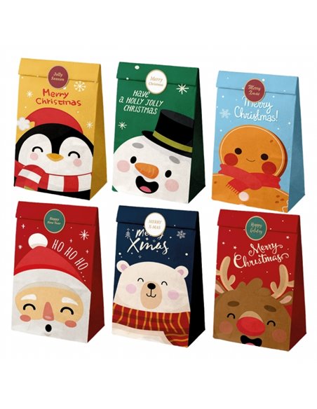 Lot de 12 sacs en papier Dohe Christmas 22x12x8cm - 2 sacs par modèle - Haute résistance