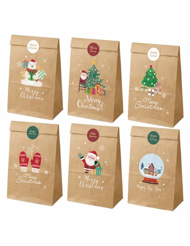 Lot de 12 sacs en papier kraft Dohe Noël 22 x 12 x 8 cm - 2 sacs par modèle - Haute résistance