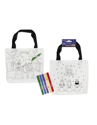 Sac à colorier Bismark Rois mages avec poignées + 5 marqueurs - Dimensions : 21,5 x 20 cm sans compter les poignées - 2 modèles
