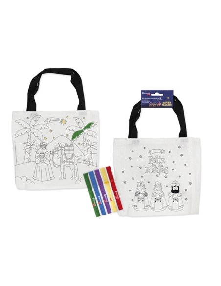 Sac à colorier Bismark Rois mages avec poignées + 5 marqueurs - Dimensions : 21,5 x 20 cm sans compter les poignées - 2 modèles