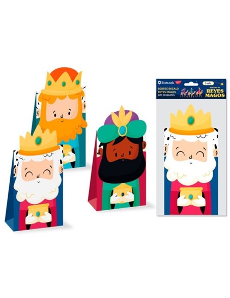Lot de 3 sacs/enveloppes en papier Bismark - Fermeture en carton avec le visage de chaque roi mage