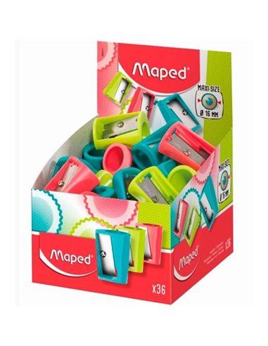 Taille-crayon en plastique Maped Vivo Maxi avec trou de 16 mm - Lame en acier tranchante et durable - Couleurs assorties