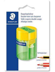 Taille-crayon en plastique double usage Staedtler 512 - Angle d'affûtage 23° et 30° - 2 trous - Réservoir - Couleurs assorties