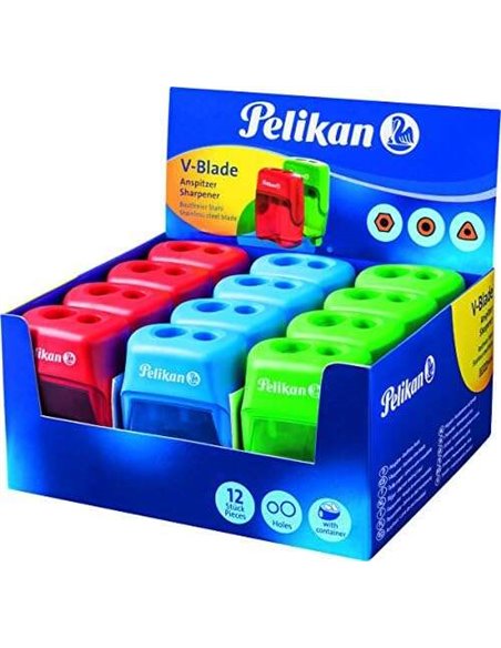 Taille-crayon Pelikan V-Blade à double trou avec réservoir - Bleu, rouge et vert