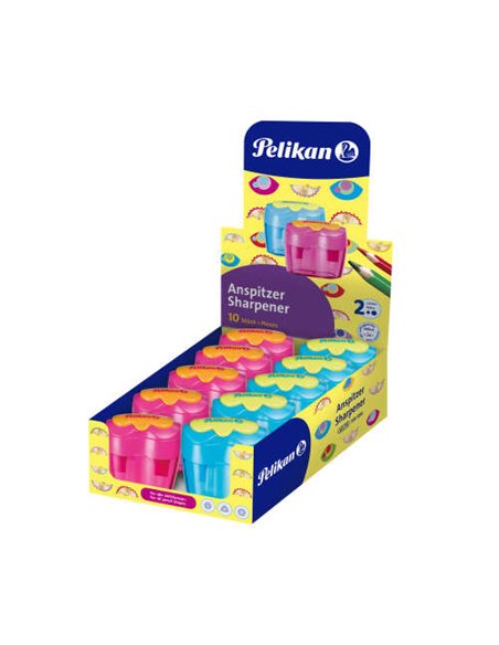 Pelikan Flower Vitrine de 10 taille-crayons 2 trous avec couvercle - Conteneur à déchets - Lames en acier inoxydable - Bleu et r