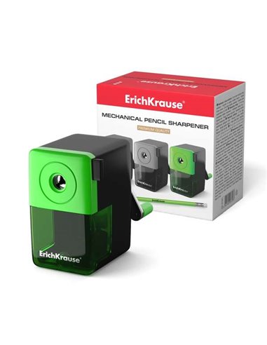 Taille-crayon mécanique Erichkrause avec récipient – ​​Grand récipient à copeaux – Mécanisme de serrage – Couleurs assorties