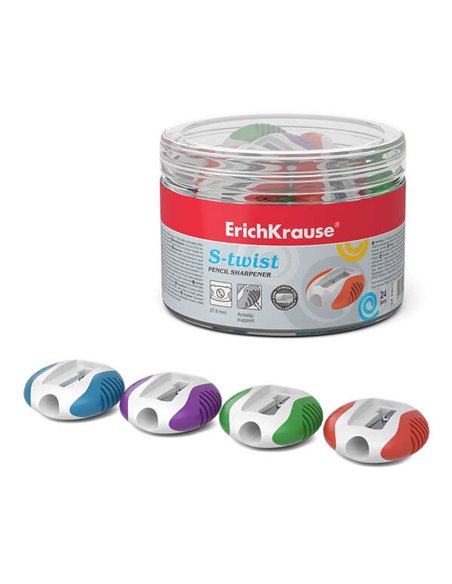 Taille-crayon en plastique Erichkrause S-Twist avec bords en caoutchouc antidérapants - Trou de 8 mm - Lame spirale - Couleurs a