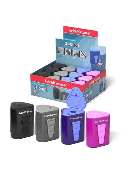 Taille-crayon en plastique Erichkrause 3 touches avec réservoir et couvercle - Grand récipient à copeaux - Bords en caoutchouc a