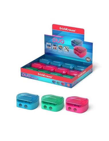 Erichkrause Duo - Taille-crayon double en plastique - Récipient à copeaux - Couleurs fluo - Diamètre 8 mm - Lame en acier carbon