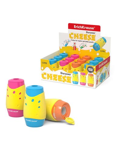 Aiguiseur à fromage Erichkrause avec réceptacle - 2 trous de 8 et 11 mm - Motif fromage - Lame en acier carbone - Couleurs assor