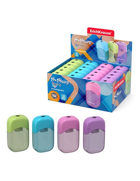 Taille-crayon Erichkrause S-Sharp avec récipient – ​​Design ergonomique – Lame en acier durable – Couleurs assorties