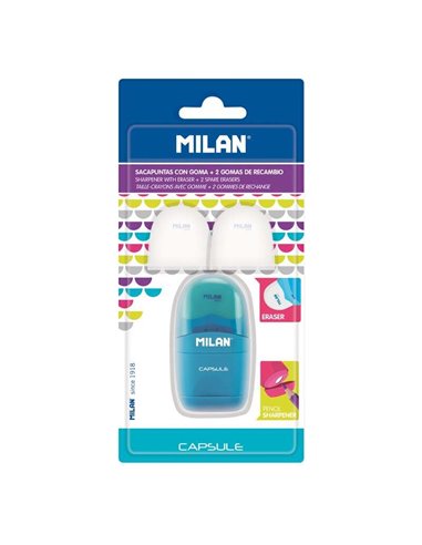 Taille-crayons capsule Milan - Taille-crayon et gomme + 2 gommes de rechange - Lame en acier carbone - Pour tous types de crayon