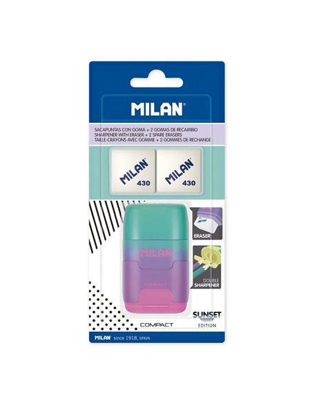 Taille-crayon compact Milan Compact Sunset avec 2 gommes - Double taille-crayon - Lame de sécurité - Turquoise/Violet/Rose