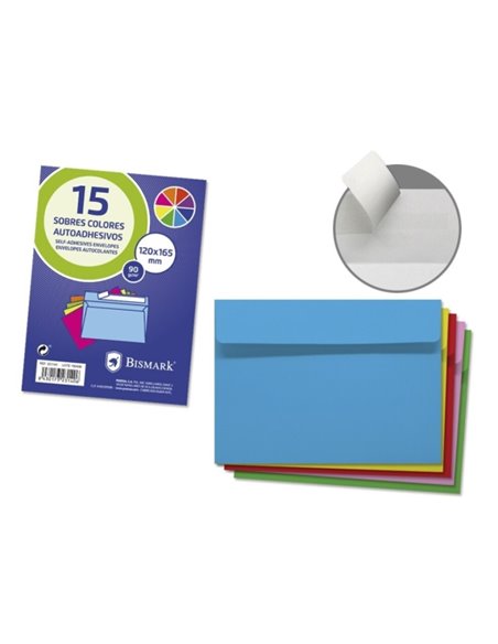 Lot de 15 enveloppes en papier Bismark 90 g - Dimensions 120 x 165 mm - Fermeture autocollante - Couleurs assorties