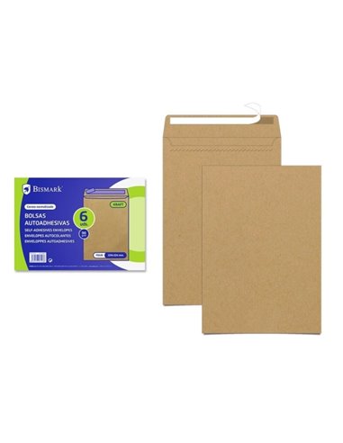 Lot de 6 enveloppes Bismark en papier kraft 90 g - Dimensions 184 x 261 mm - Fermeture autocollante - Couleur marron