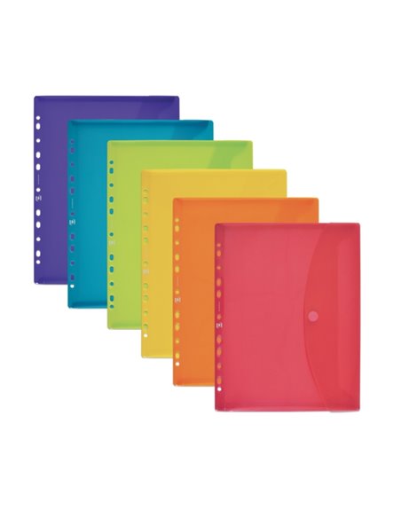 Porte-documents Oxford A4 multi-trous - Capacité 25 feuilles - Fermeture Velcro - 11 trous - Plastique souple translucide - Coul
