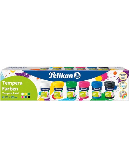 Lot de 6 peintures à la détrempe scolaires Pelikan - Flacons de 25 ml - Faciles à mélanger - Idéales pour les projets scolaires