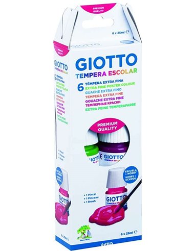 Tempera Giotto, lot de 6 flacons de 25 ml + pinceau - À base d'eau - Excellent pouvoir couvrant - Couleurs assorties