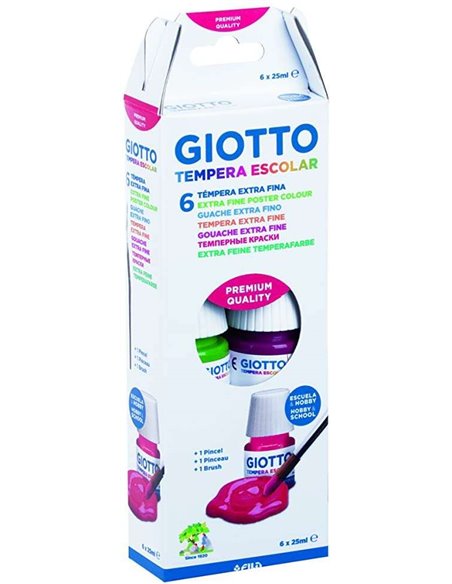 Tempera Giotto, lot de 6 flacons de 25 ml + pinceau - À base d'eau - Excellent pouvoir couvrant - Couleurs assorties