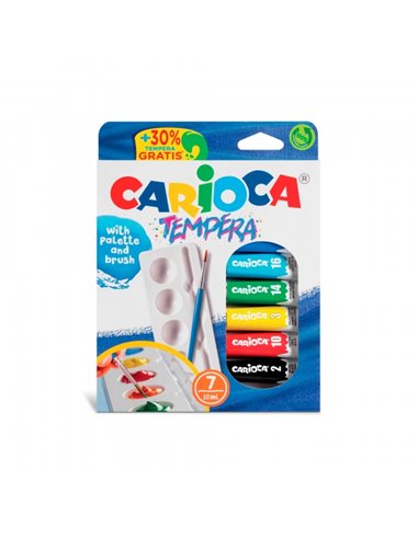 Pack Carioca de 7 tubes de 10 ml de Tempera + pinceau et palette - Haute couvrance - Applicable sur matériaux poreux - Couleurs 
