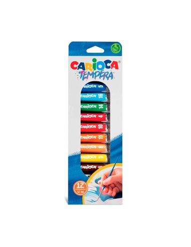 Pack Carioca de 12 tubes de Tempera 12 ml - Couleurs super lavables - Pouvoir couvrant élevé - Applicable sur matériaux poreux -