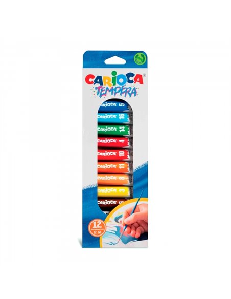 Pack Carioca de 12 tubes de Tempera 12 ml - Couleurs super lavables - Pouvoir couvrant élevé - Applicable sur matériaux poreux -