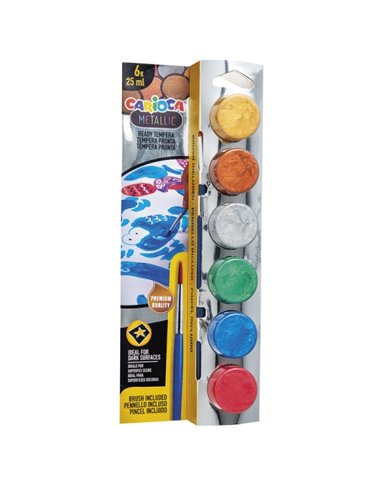 Pack de 6 peintures à la détrempe Carioca Metallic en flacons de 25 ml + pinceau - Super lavables - Miscibles - Couleurs métalli