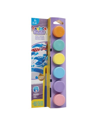 Pack de 6 peintures à la détrempe Carioca Pastel en flacons de 25 ml + pinceau - Super lavables - Miscibles - Couleurs pastel as