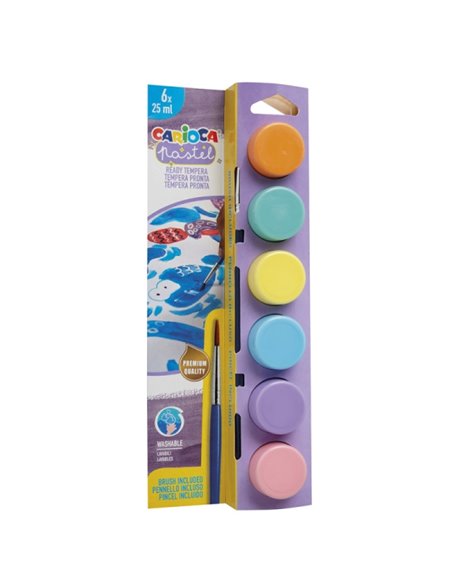 Pack de 6 peintures à la détrempe Carioca Pastel en flacons de 25 ml + pinceau - Super lavables - Miscibles - Couleurs pastel as
