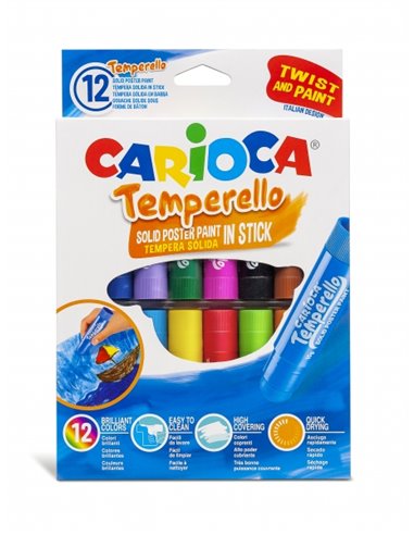 Lot de 12 peintures à la détrempe solides Carioca Temperello - Couleurs vives et lavables - Excellente couverture - Facile à mél