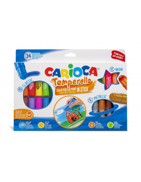 Lot de 24 peintures Tempera solides Carioca Temperello - Couleurs vives et lavables - Excellente couverture - Facile à mélanger 