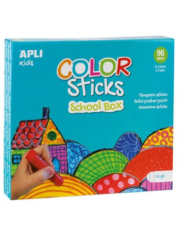 Peintures Tempera Solides Apli Color Sticks - Boîte de 96 unités de 10 g - Couleurs assorties idéales pour les écoles et les gro