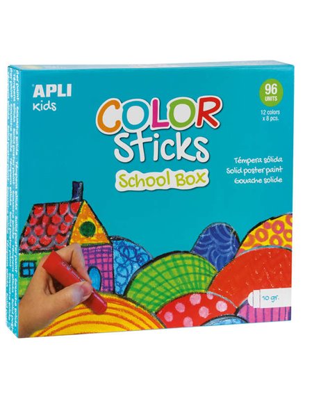 Peintures Tempera Solides Apli Color Sticks - Boîte de 96 unités de 10 g - Couleurs assorties idéales pour les écoles et les gro