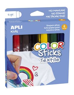 Apli Color Sticks Textile Pack de 6 peintures Tempera solides 6 g pour textiles - Séchage à l'air libre en 12 heures - Sans solv