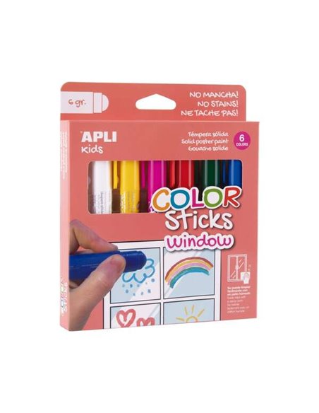 Lot de 6 bâtonnets de peinture à la détrempe solides Apli Kids Color Sticks pour fenêtre, 6 g - Spécialement conçus pour dessine
