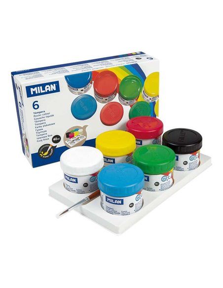 Pack Milan de 6 pots de peinture Tempera 40 ml + 1 pinceau Série 101 - Séchage rapide - Miscible - Couleurs assorties