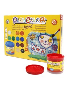Pack de 12 peintures à la détrempe PlayColor Basic Liquid 40 ml - Ne gondole pas le papier - Haute viscosité - Haute opacité - C