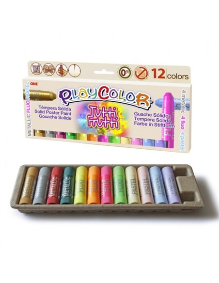 Pack de 12 peintures à la détrempe solides PlayColor Tuttifrutti - Ne froisse pas le papier - Pas besoin de vernis - Couleurs mé
