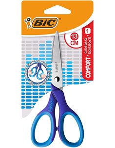 Ciseaux d'école Bic Comfort en acier inoxydable 13 cm - Poignée souple - Pour droitier - Couleurs assorties aléatoires