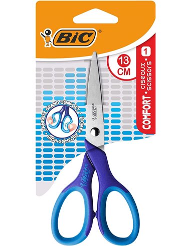 Ciseaux d'école Bic Comfort en acier inoxydable 13 cm - Poignée souple - Pour droitier - Couleurs assorties aléatoires