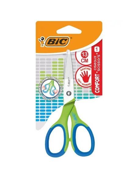 Ciseaux d'école Bic Comfort en acier inoxydable 13 cm - Poignée souple - Convient aux gauchers - Couleurs assorties aléatoires