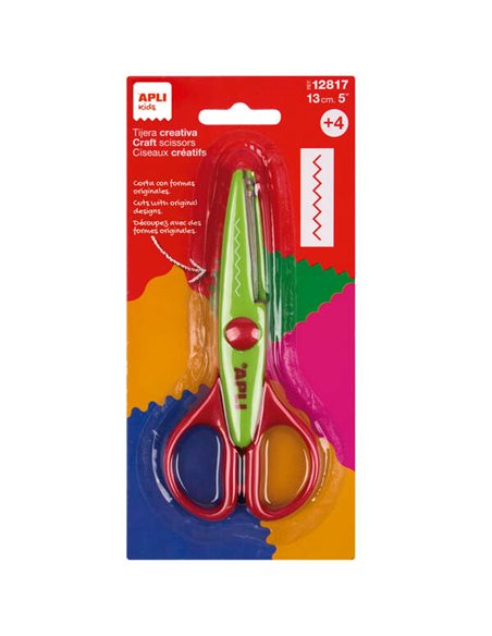 Ciseaux zigzag Apli Kids en acier inoxydable 13 cm - Coupes en zigzag - Pointe arrondie - Utilisation ambidextre - Vert/Rouge