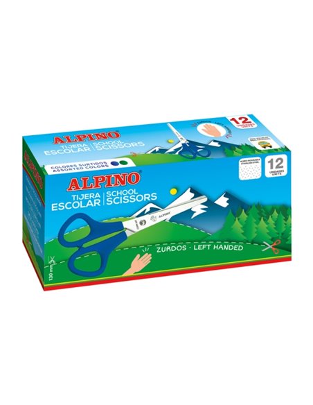 Ciseaux d'école Alpino pour gaucher 13 cm - Acier inoxydable - Pointe émoussée - Couleurs assorties
