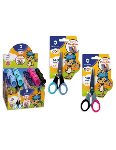 Ciseaux d'école Bismark Kids Soft Flex 14 cm - Lames en acier inoxydable - Manches Soft Flex - Pointe émoussée - 2 modèles assor