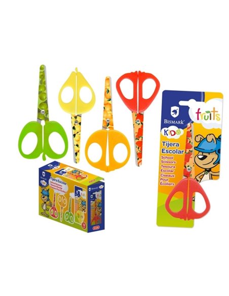 Ciseaux d'école Bismark Kids Fruits 13 cm - Lames et manches décorés de fruits - Manches en plastique - Pointe émoussée - 4 moti