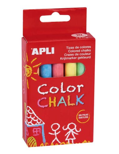 Craies rondes Apli couleurs assorties - Lot de 10 craies Ø 9 x 80 mm - Sans poussière - Idéales pour écrire, dessiner et colorie
