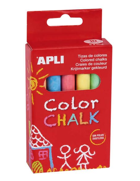 Craies rondes Apli couleurs assorties - Lot de 10 craies Ø 9 x 80 mm - Sans poussière - Idéales pour écrire, dessiner et colorie