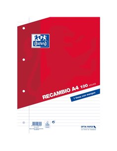 Recharge Oxford Classic de 100 feuilles volantes A4 1 ligne horizontale avec marge 4 trous